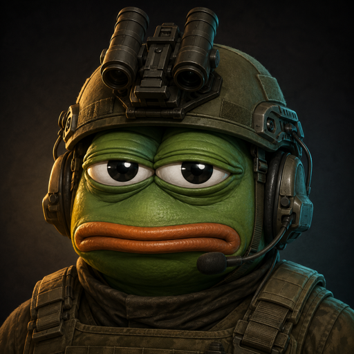 Pepe, a green frog wearing a tactical helmet and military equipment
